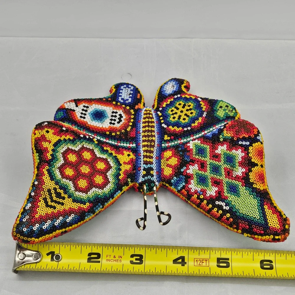 Huichol Beaded Butterfly Mexican Folk Art Multicolor Wall Decor Sculpture 6.5in